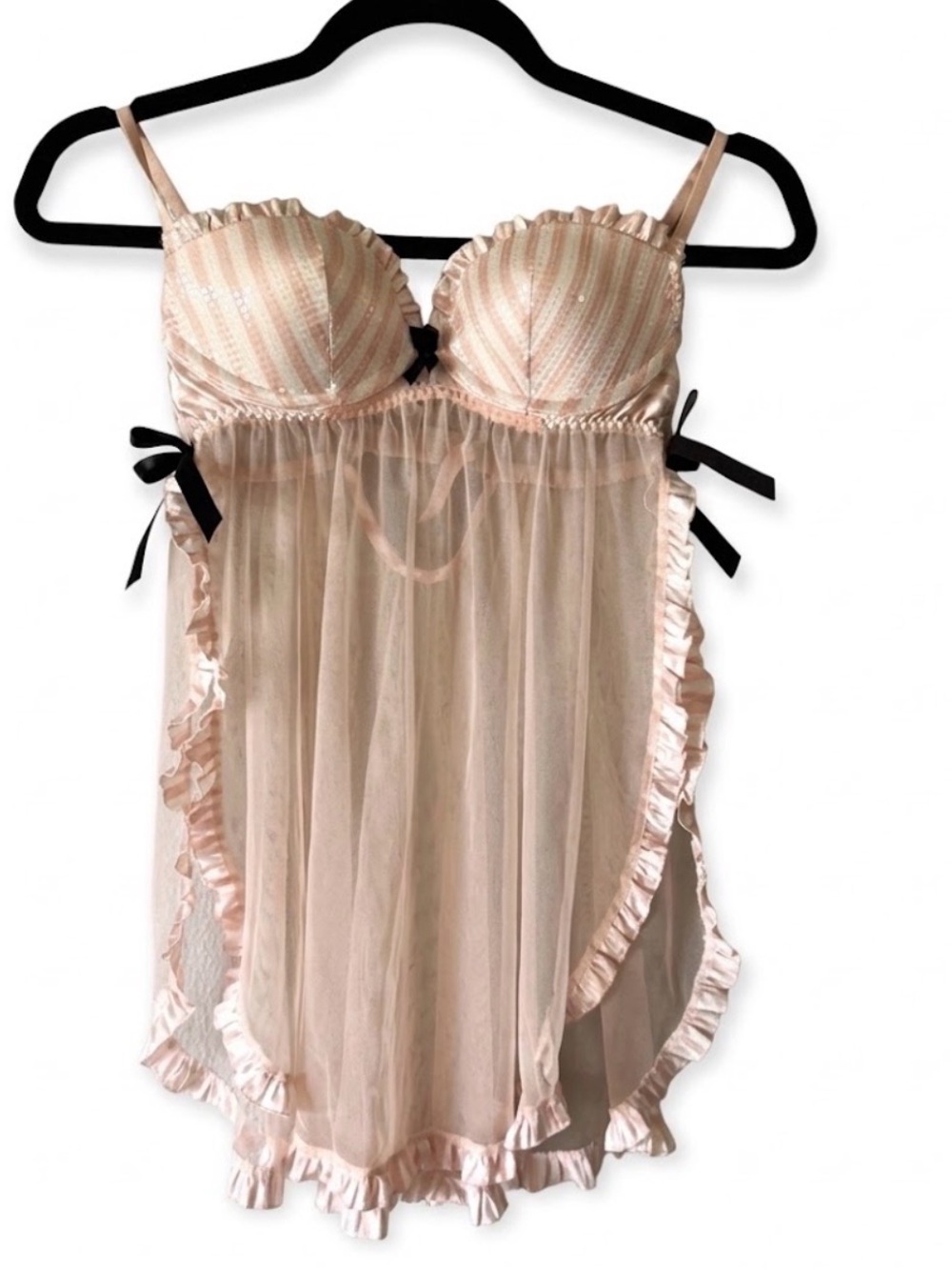 Victoria's Secret 34B Sequin Pink Stripe Coquette Babydoll Lingerie Ruffle Bow